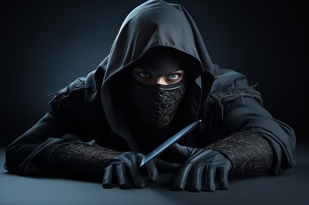 photograph of Female ninja with sword on grey background