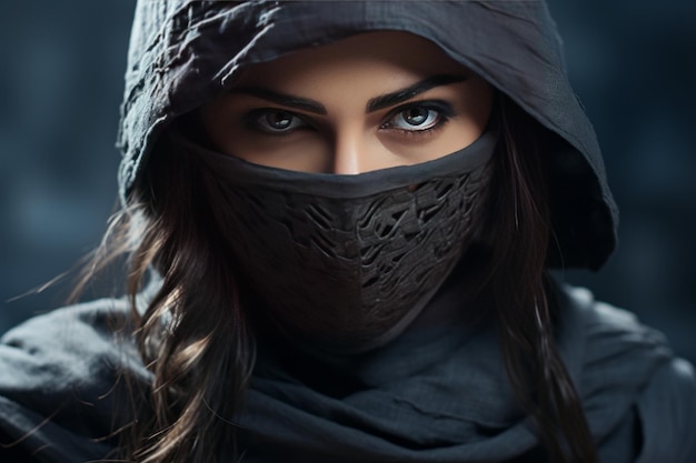 photograph of Female ninja with sword on grey background