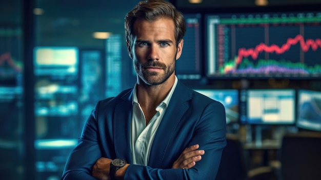 Photograph of a financial professional man among the stock market charts