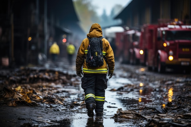 A photograph of firefighters walking away after putting down a large fire in city