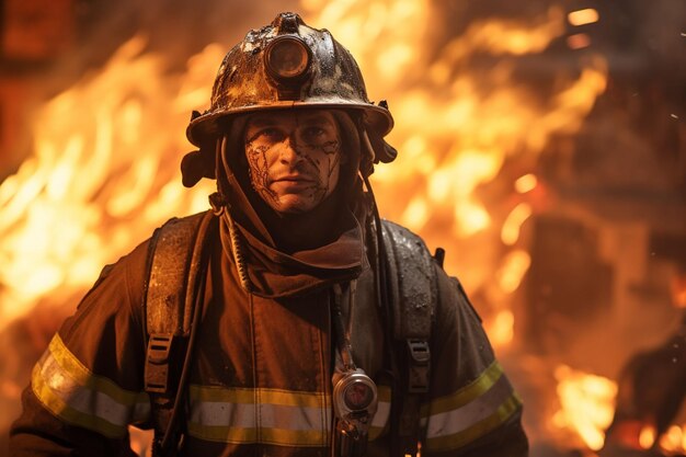 a photograph of a fireman near some fire in the Generative ai