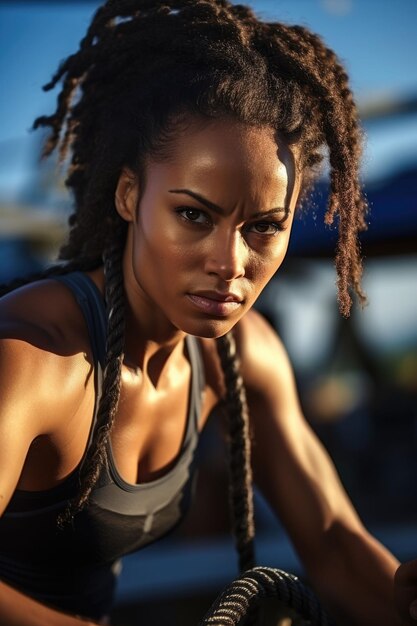 photograph of Fit and toned sports afican woman working out in functional training gym