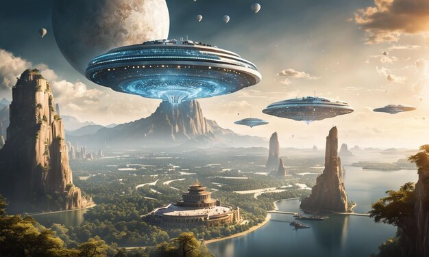 Photograph of floating civilization in the sky