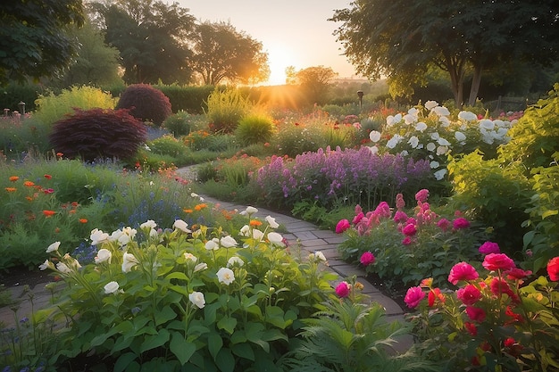 夕暮れの庭の花の写真