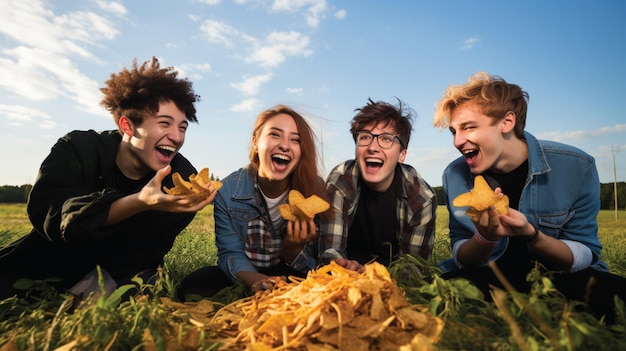 ポテトチップスを喜んで食べる4人の若者の写真