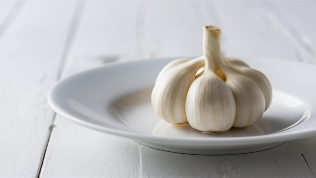 photograph of a fresh plump garlic bulb sitting on a pristine white plate