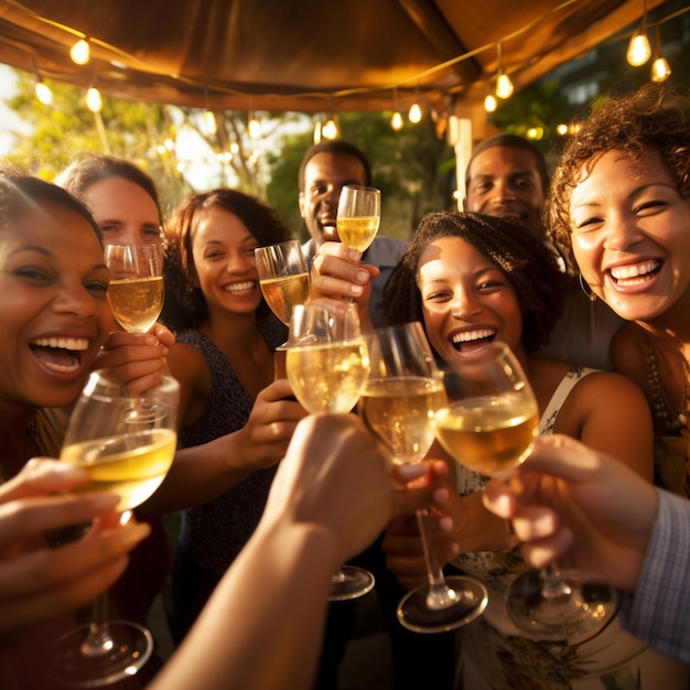 Photograph friends or family raising their glasses in a toast