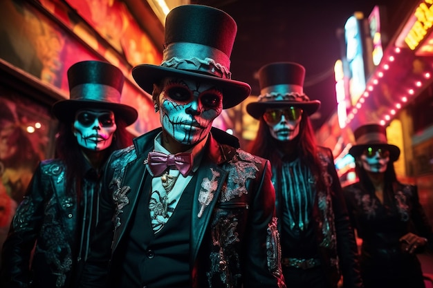 A photograph of a gang of latino gangsters in voodoo skull makeup and top hats men and women colou