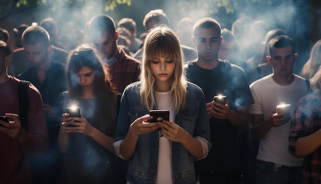 Photograph of generation z people in a invisible community disconnected