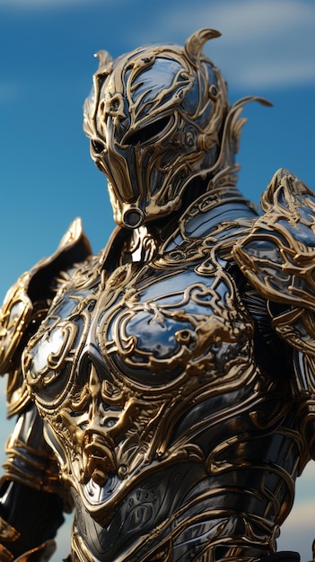 photograph of an golden armored man standing