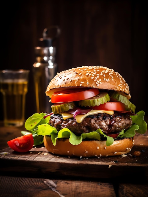 photograph of Gourmet burger on a rustic wooden table