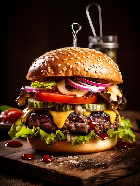 photograph of Gourmet burger on a rustic wooden table