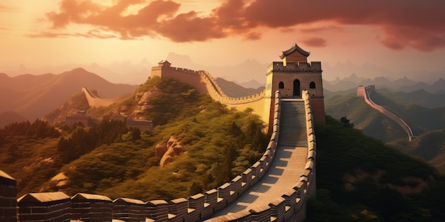 фотография Великой китайской стены под солнечным светом во время заката, широкоугольный объектив, реалистичное освещение заката