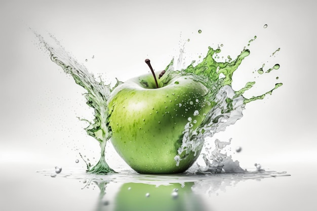 Photograph of a green apple splashed with water taken on a white background