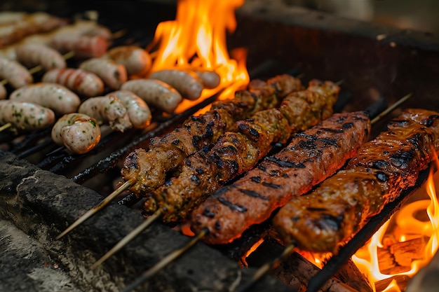 Photograph of Grilled Meat Kebabs and Salad