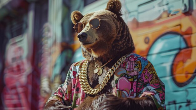 Фотография медведя-гризли в виде хип-хопа на уличном фоне граффити
