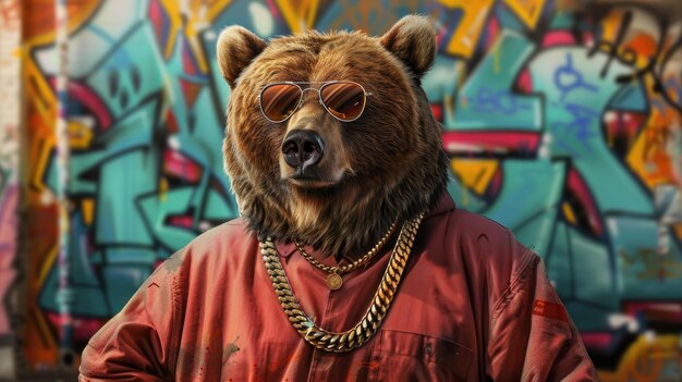 Фотография медведя-гризли в виде хип-хопа на уличном фоне граффити
