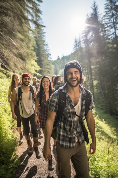 Photo photograph a group of friends on a spring hiking adventure