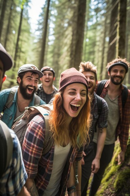 Photo photograph a group of friends on a spring hiking adventure