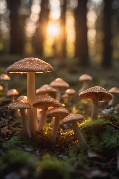 Photograph of a group of mushrooms illuminated with sunlight in the forest