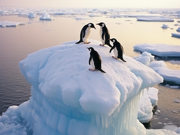 Photograph Group of Pingins on an iceberg antarctic landscape