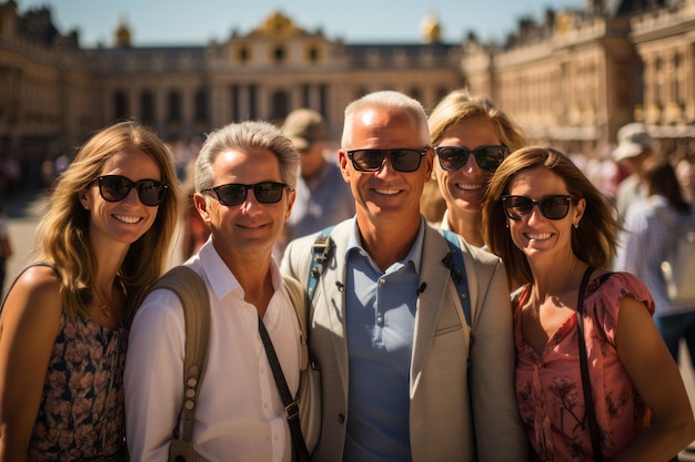 A photograph of a group of tourists visiting the Palace of Versailles