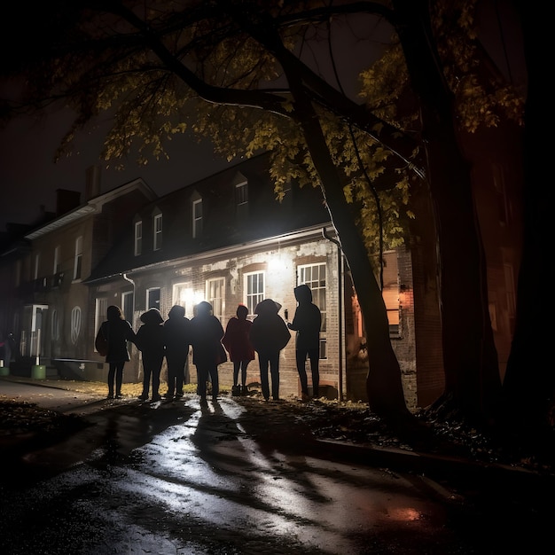 Photograph of a Halloweenthemed ghost tour with participants exploring a haunted location