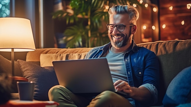 photograph of A happy man paying bills online with laptop in living room Online shopping