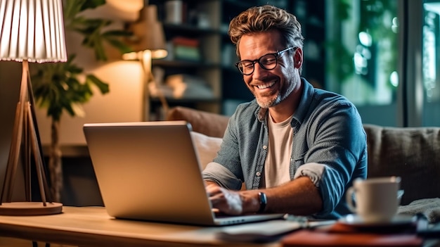 photograph of A happy man paying bills online with laptop in living room Online shopping