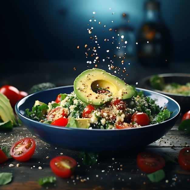 Photograph of healthy food clean eating low calories delicious meal Salad with quinoa and fresh