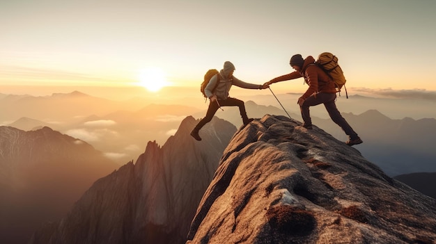 photograph of Hiker helping friend reach the mountain top Help or teamwork concept