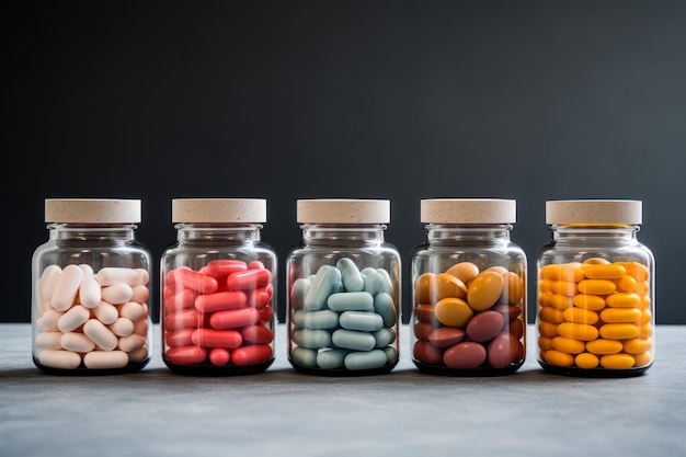 photograph of Jars with different pills on grey background