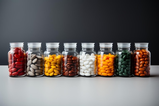 photograph of Jars with different pills on grey background