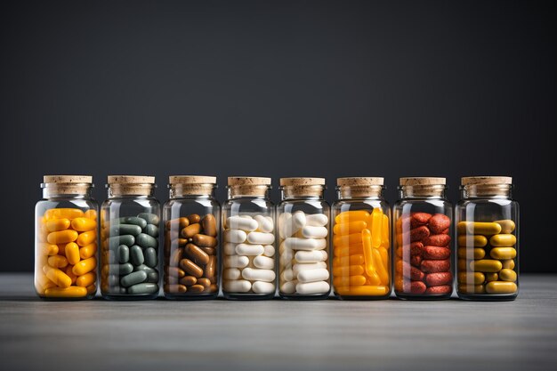 photograph of Jars with different pills on grey background