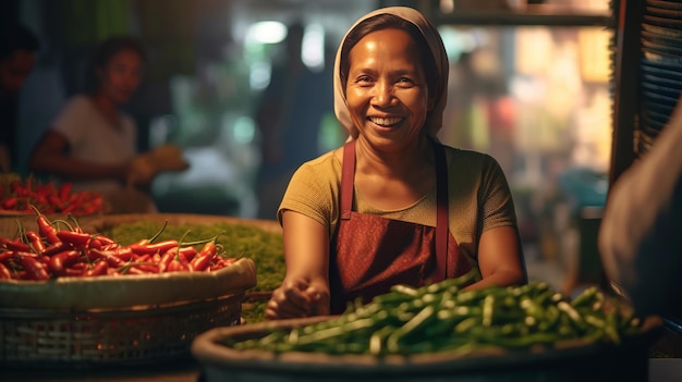 photograph of Joyful seller woman working in vegetable shop