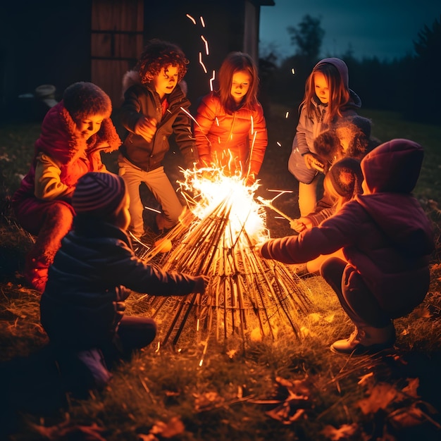 Photograph of kids gathered around a brilliantly lit Halloweenthemed bonfire