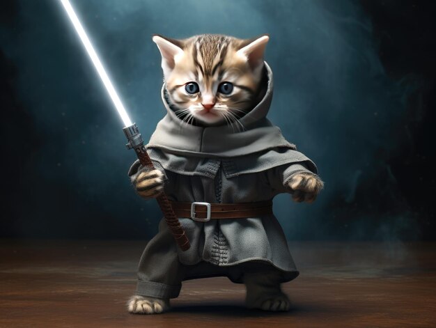 Photograph of a kitten in star wars movie jedi sith