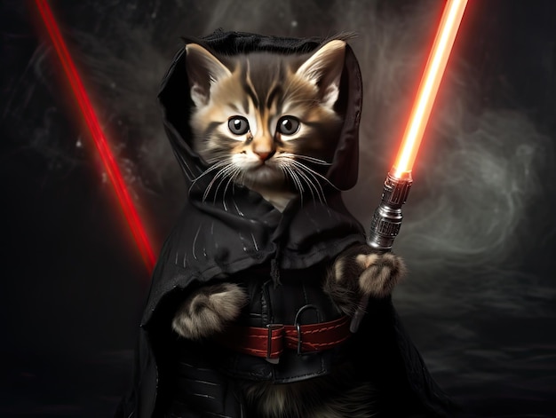 Photograph of a kitten in star wars movie jedi sith