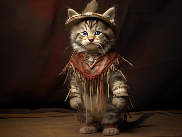 Photograph of a kitten wearing cowboy clothes