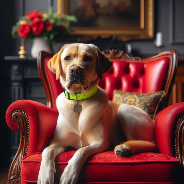 Photo photograph of a labrador dog in an armchair