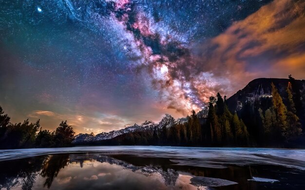 Photo photograph of lake at night with mountains in the background and starry sky