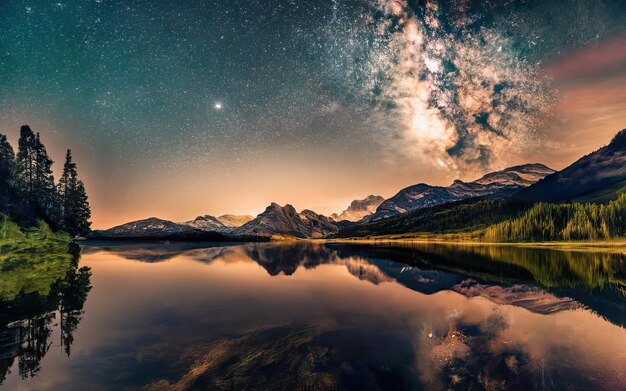 Photograph of lake at night with mountains in the background and starry sky