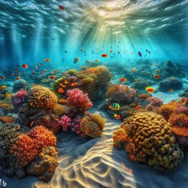 A photograph of a landscape of underwater fish and sea turtles