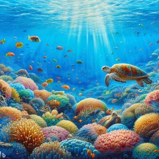 A photograph of a landscape of underwater fish and sea turtles