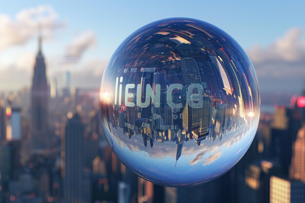 A photograph of a large glass ball adorned with the word Europe written across it A bubble labeled inflation floating over a cityscape AI Generated