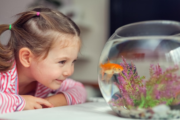 Photograph of little cute girl observing goldfish