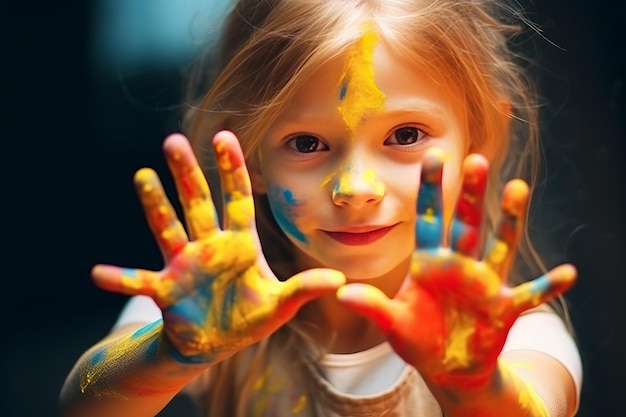 손에 색 페인트를 가지고 노는 어린 소녀의 사진