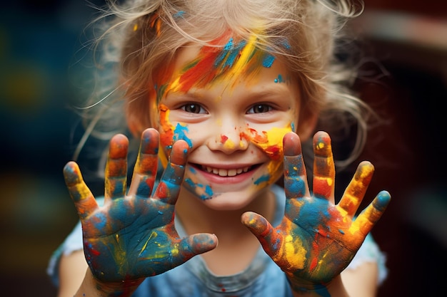 Photo photograph of little young girl playing with colors paint on hands