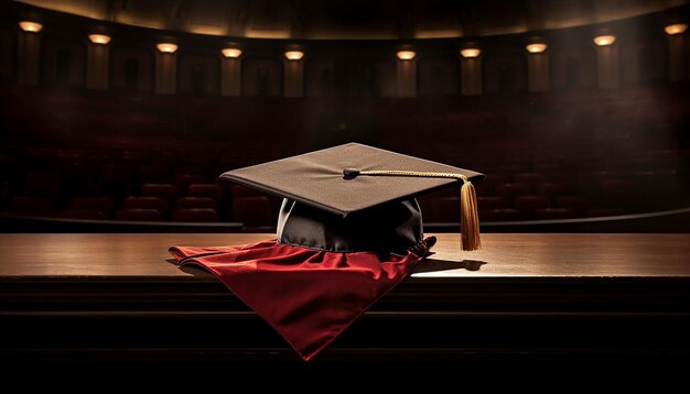 a photograph of a lone graduation cap and diploma resting on an empty auditorium stage