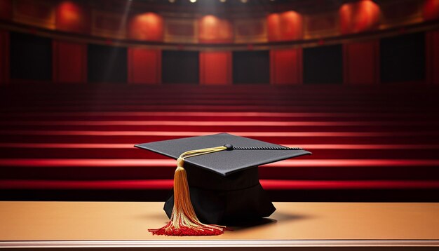 Photo a photograph of a lone graduation cap and diploma resting on an empty auditorium stage